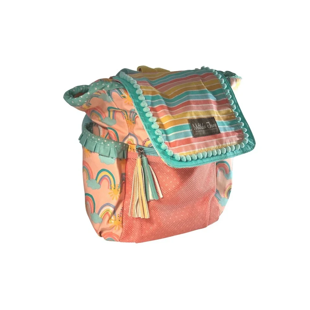 Matilda Jane Rainbow Sun Pink Teal Pom Pom Tassel‎ Drawstring Backpack Bag